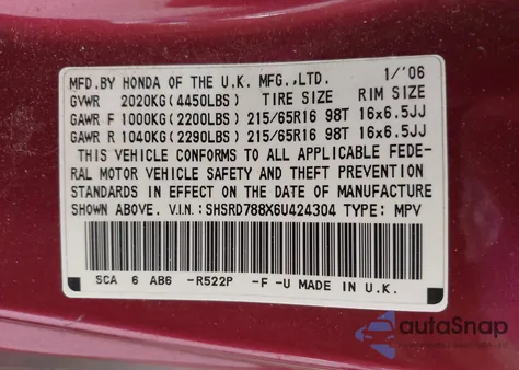 2006 Honda Cr-V Ex z USA, uszkodzony, nr VIN SHSRD788X6U424304